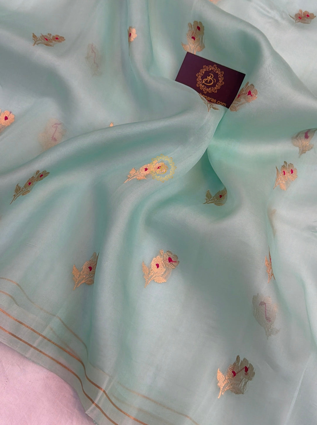 Pastel Blue Pure Kora Silk Banarasi Saree with Kadhwa Flower Butas