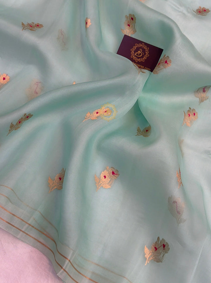 Pastel Blue Pure Kora Silk Banarasi Saree with Kadhwa Flower Butas
