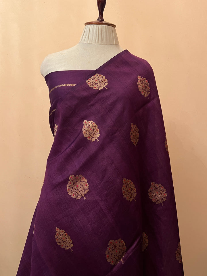 Wine Pure Tussar Silk Handloom Banarasi Saree