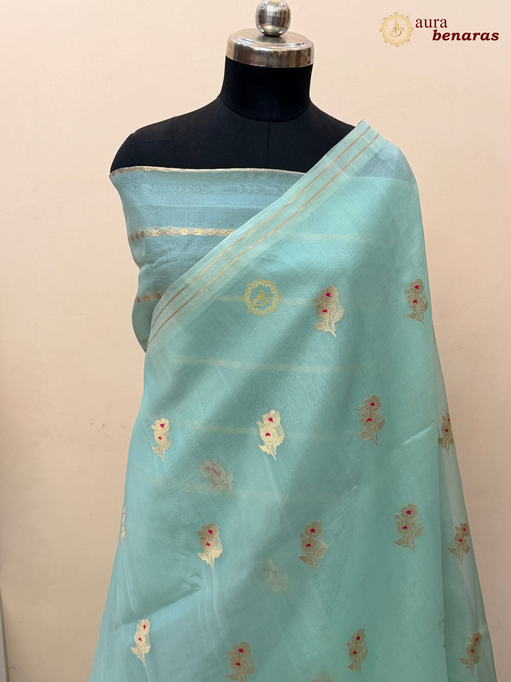 Pastel Blue Pure Kora Silk Banarasi Saree with Kadhwa Flower Butas