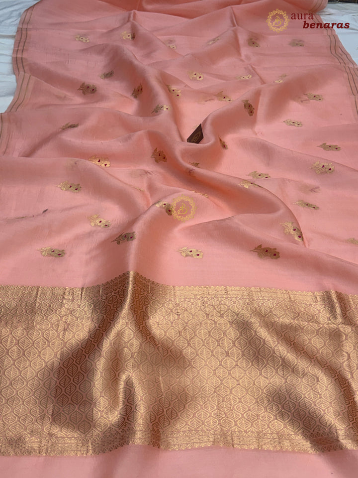 Peach Pure Kora Silk Banarasi Saree with Kadhwa Flower Butas
