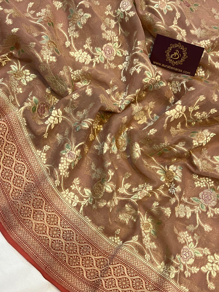 Pastel Brown Banarasi Khaddi Georgette Saree - Aura Benaras