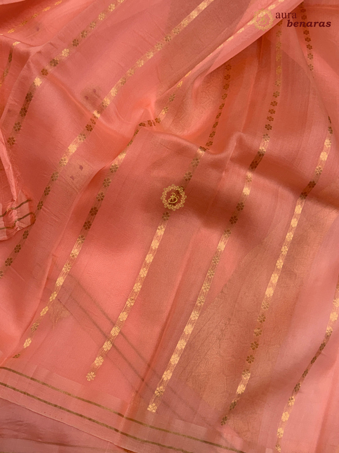 Peach Pure Kora Silk Banarasi Saree with Kadhwa Flower Butas