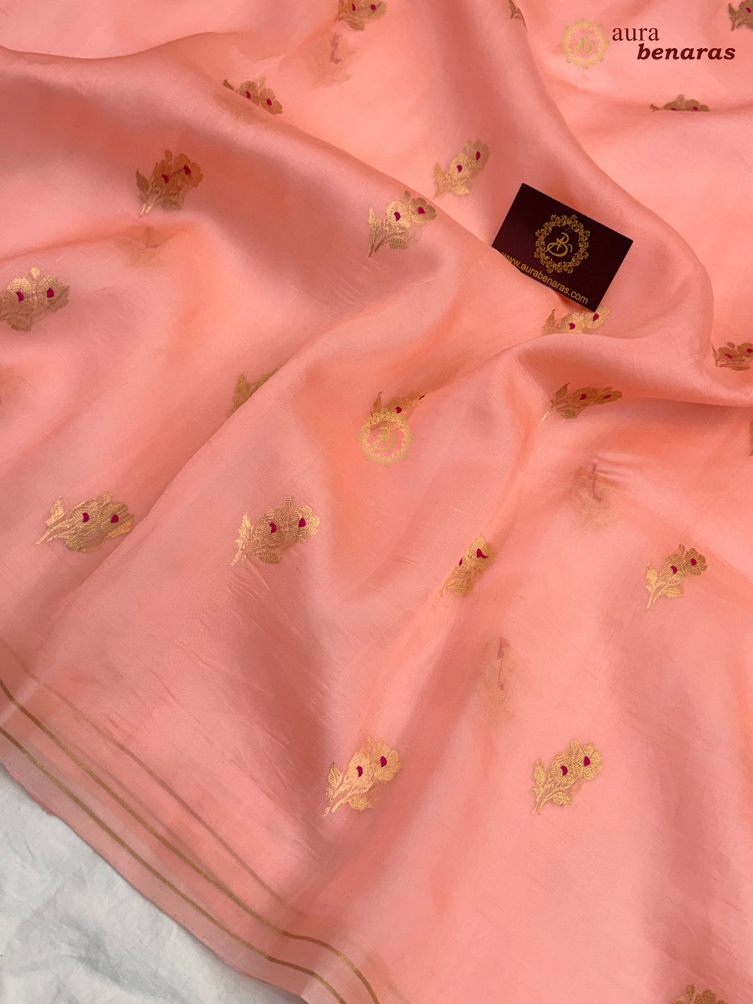 Peach Pure Kora Silk Banarasi Saree with Kadhwa Flower Butas
