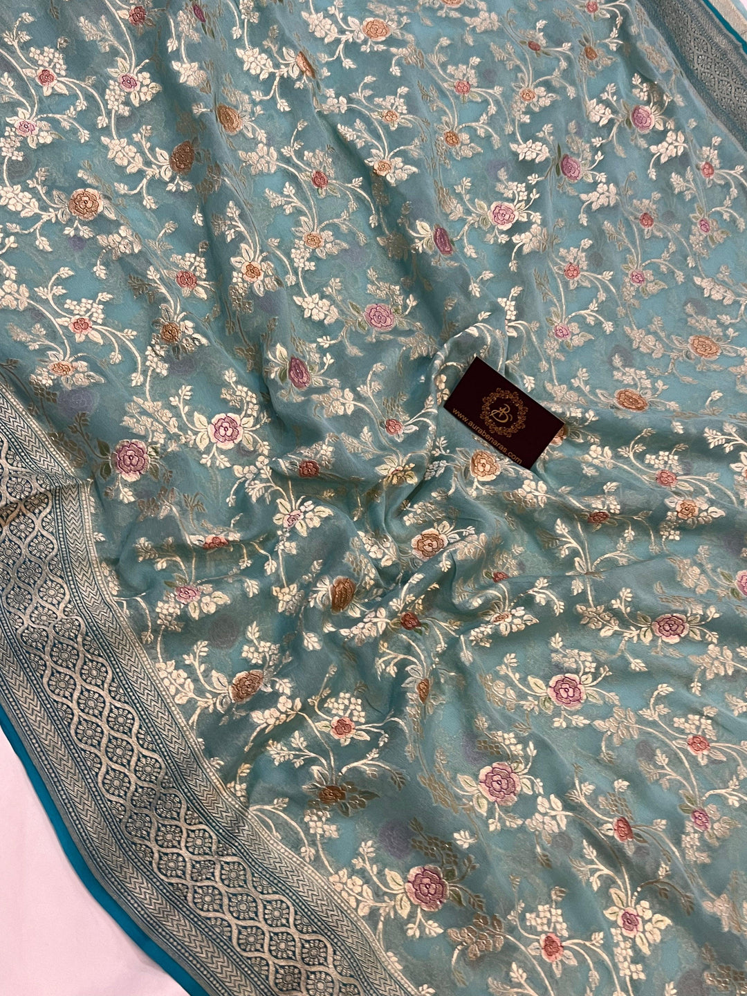 Pastel Blue Banarasi Khaddi Georgette Saree - Aura Benaras