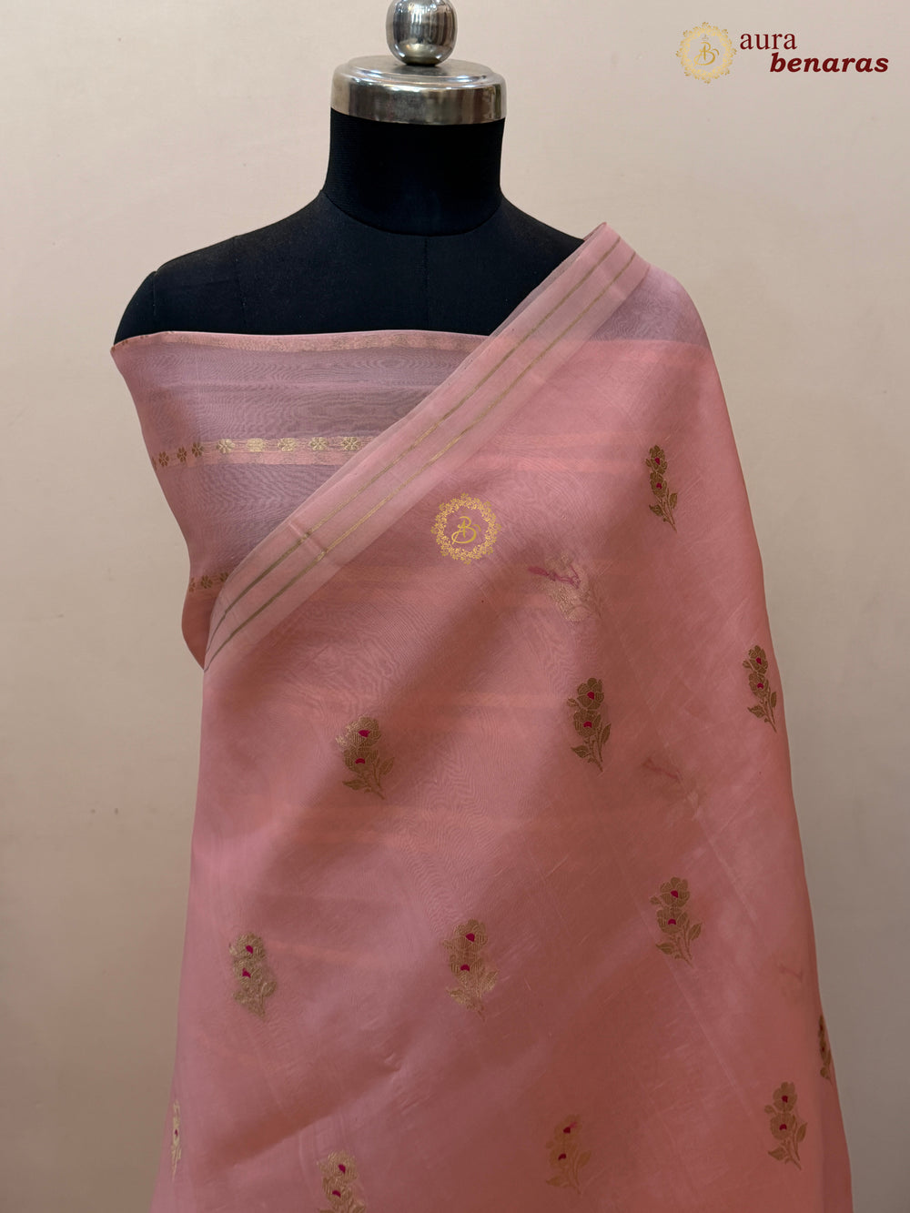 Peach Pure Kora Silk Banarasi Saree with Kadhwa Flower Butas