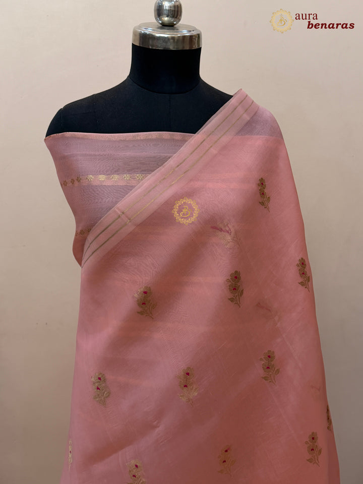 Peach Pure Kora Silk Banarasi Saree with Kadhwa Flower Butas