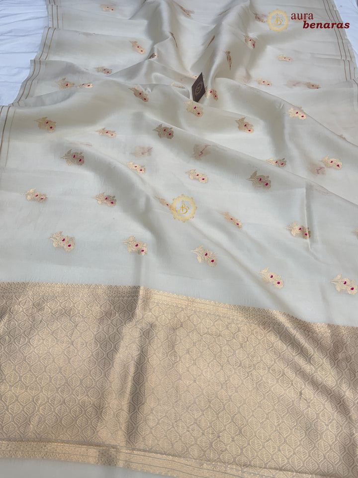 Off White Pure Kora Silk Banarasi Saree with Kadhwa Flower Butas