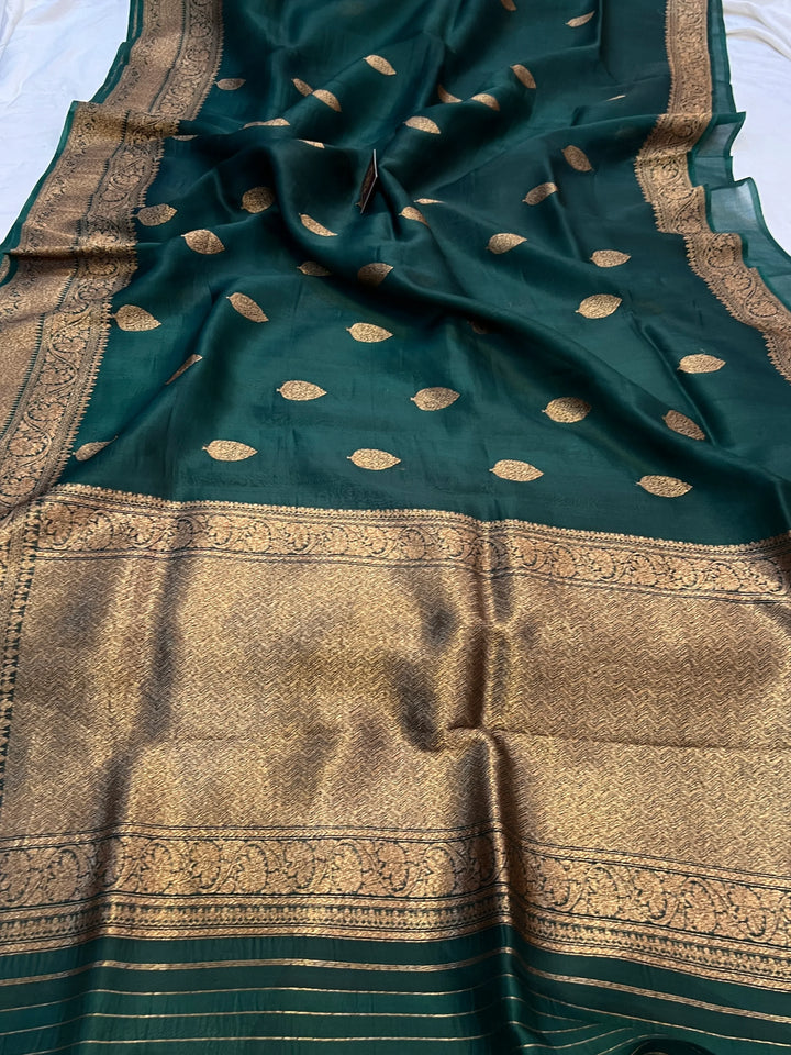 Bottle Green Pure Kora Silk Handloom Banarasi Saree