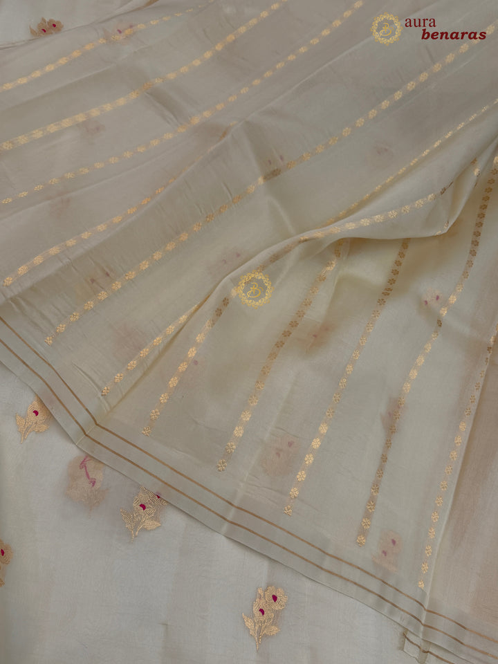 Off White Pure Kora Silk Banarasi Saree with Kadhwa Flower Butas