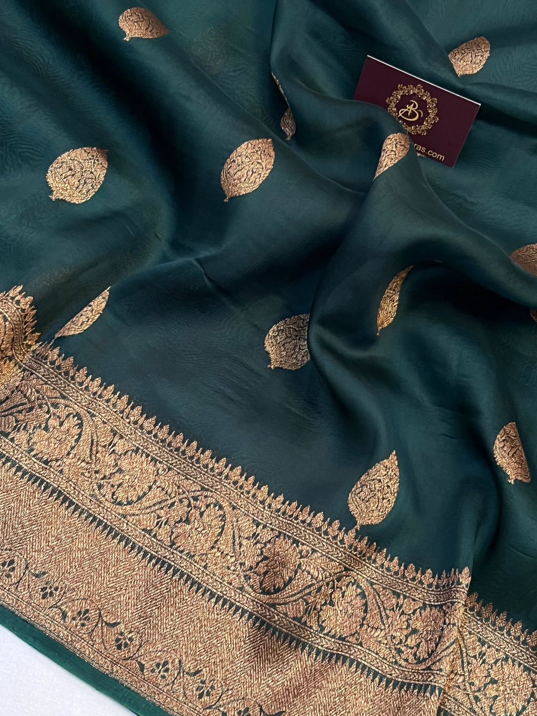 Bottle Green Pure Kora Silk Handloom Banarasi Saree