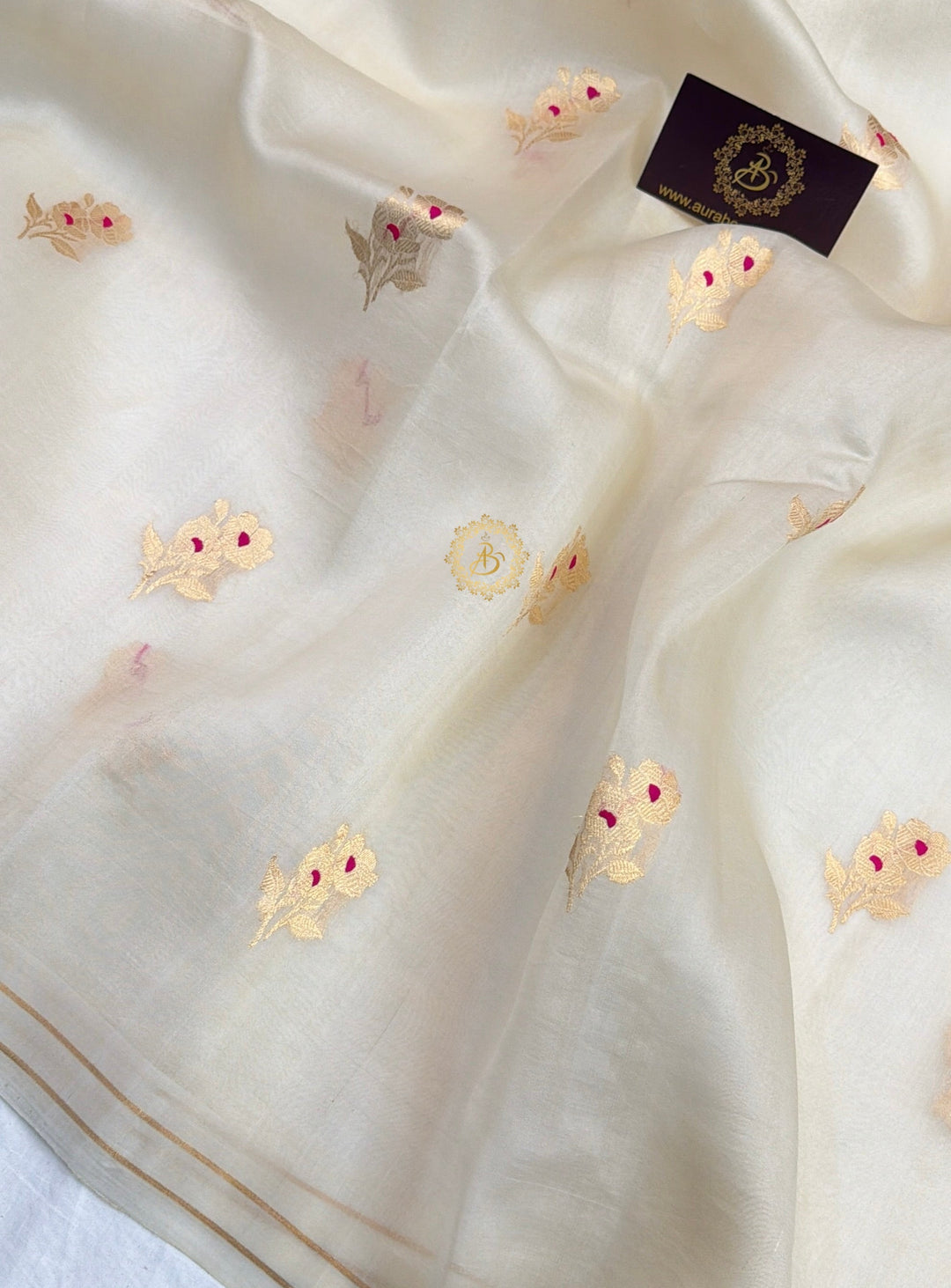 Off White Pure Kora Silk Banarasi Saree with Kadhwa Flower Butas