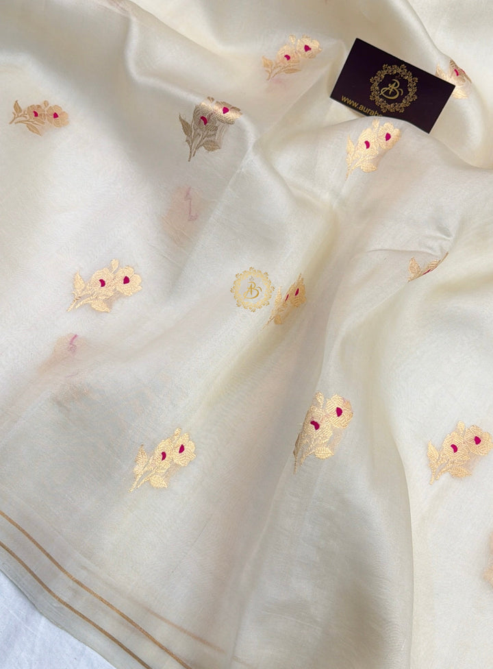Off White Pure Kora Silk Banarasi Saree with Kadhwa Flower Butas