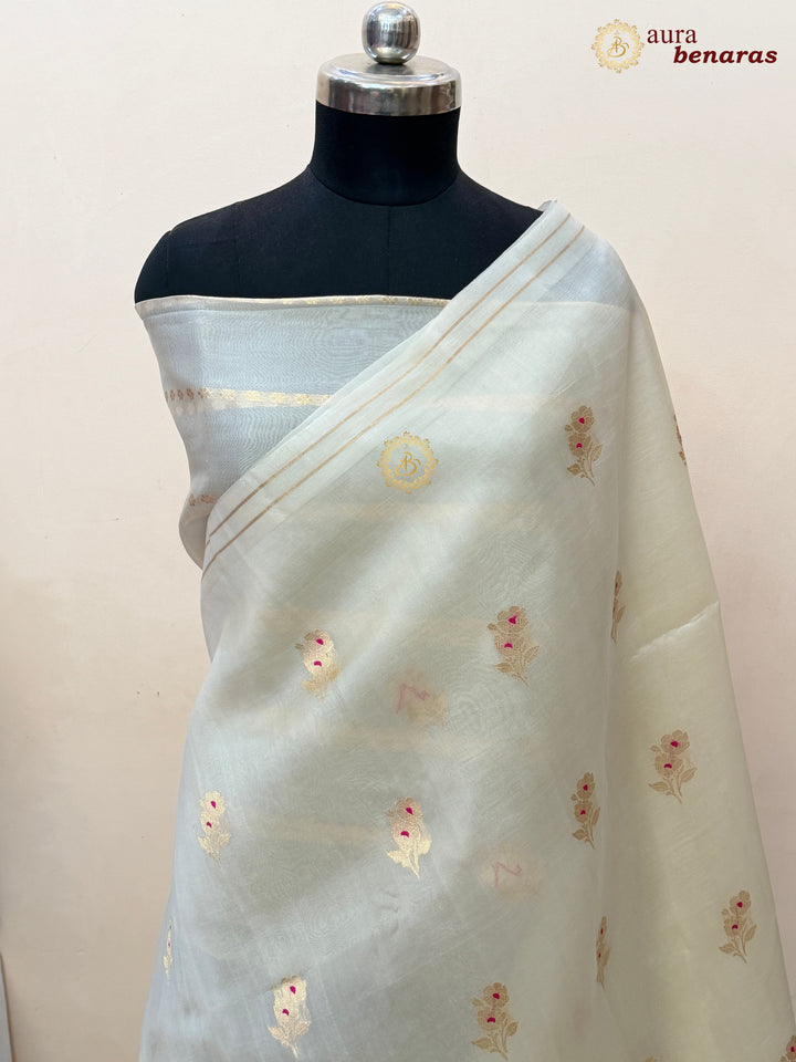 Off White Pure Kora Silk Banarasi Saree with Kadhwa Flower Butas