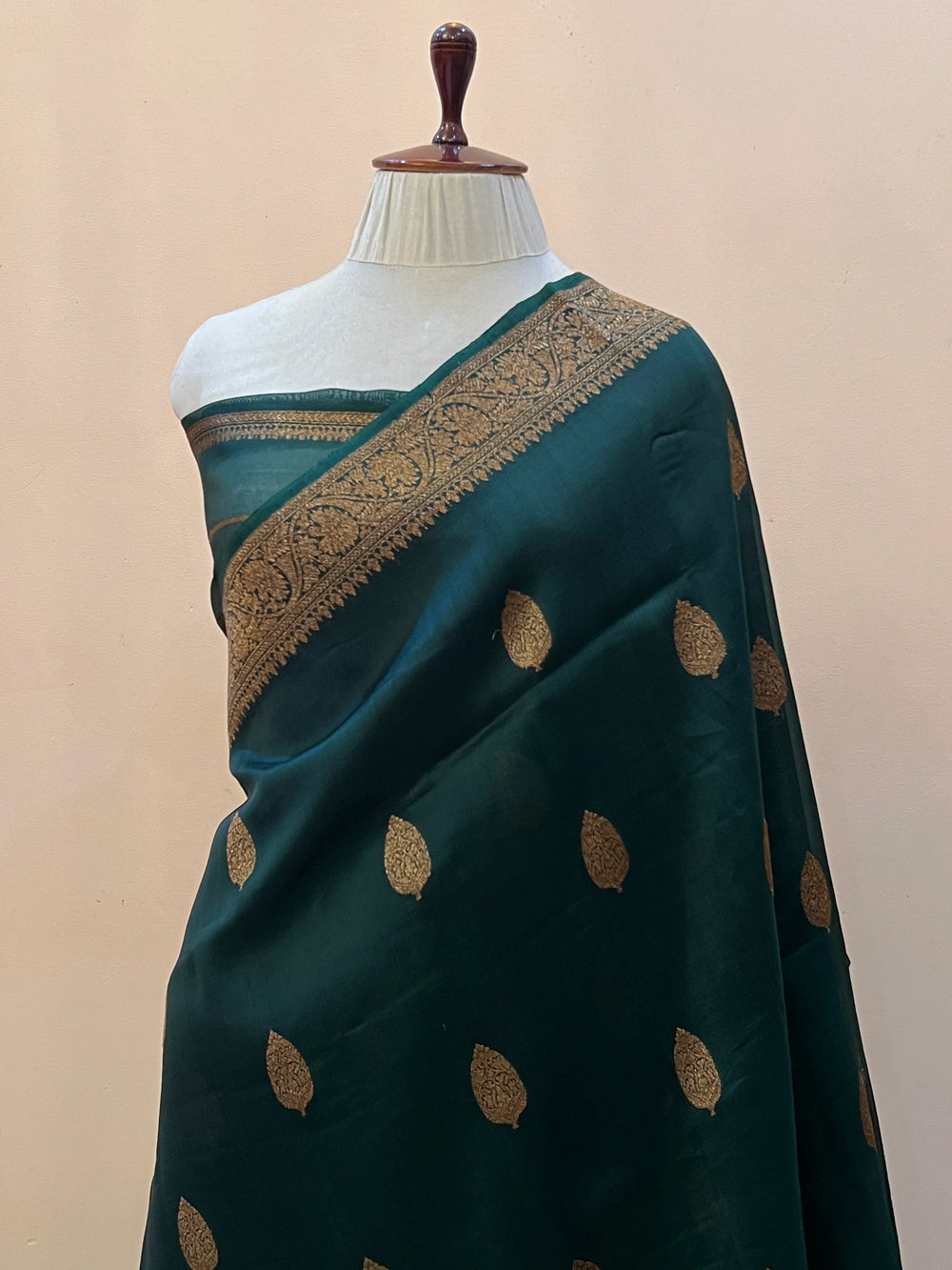 Bottle Green Pure Kora Silk Handloom Banarasi Saree