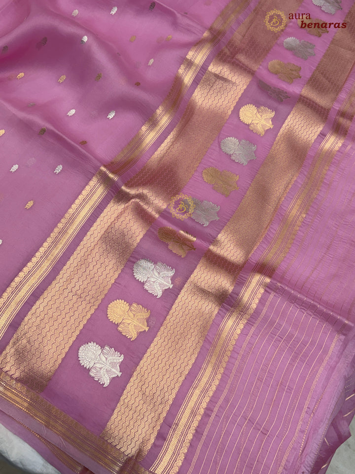 Pure Pinkish Lavender Kora Silk Banarasi Saree with Kadhwa Flower Butas