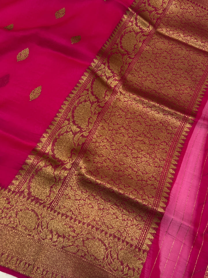 Rani Pink Pure Kora Silk Handloom Banarasi Saree