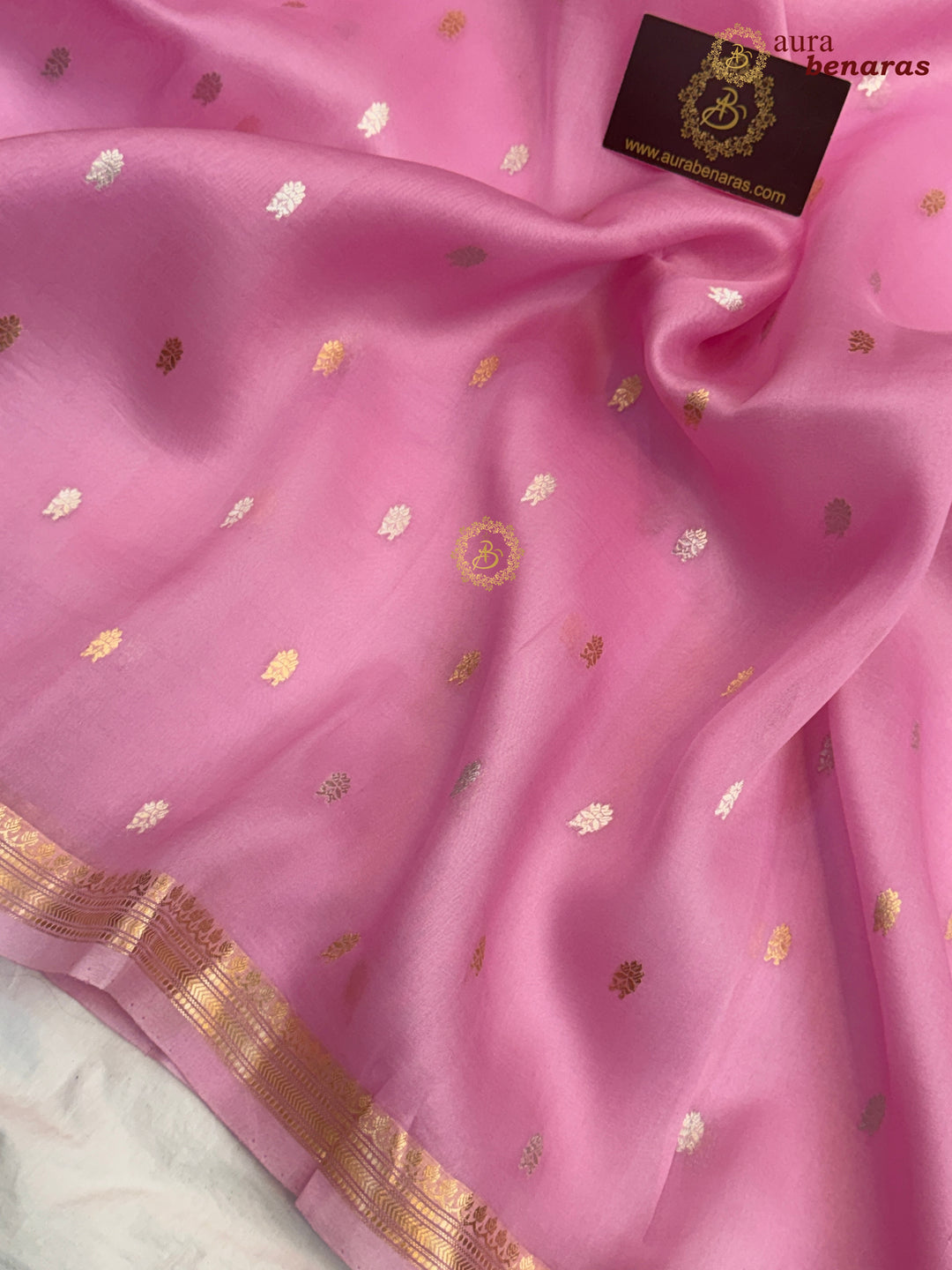 Pure Pinkish Lavender Kora Silk Banarasi Saree with Kadhwa Flower Butas