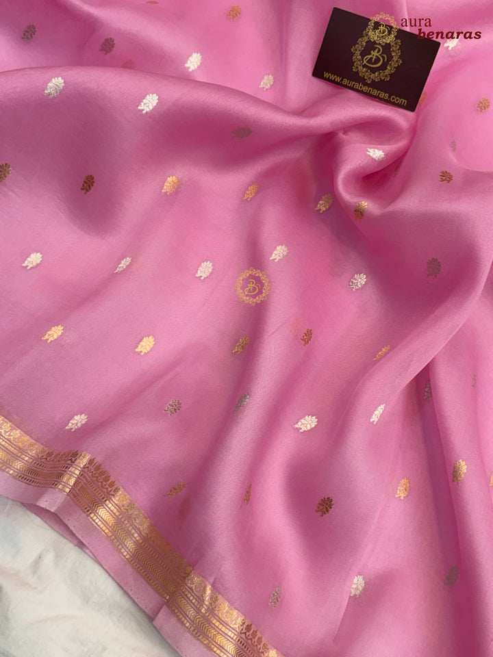 Pure Pinkish Lavender Kora Silk Banarasi Saree with Kadhwa Flower Butas