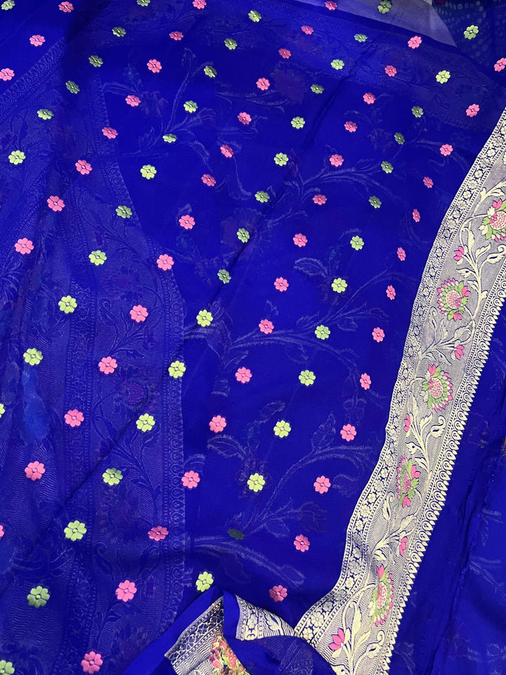 Royal Blue Banarasi Khaddi Georgette Saree - Aura Benaras