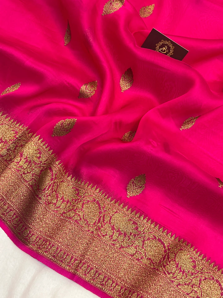 Rani Pink Pure Kora Silk Handloom Banarasi Saree
