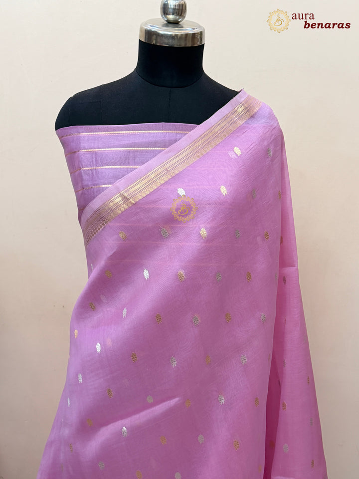 Pure Pinkish Lavender Kora Silk Banarasi Saree with Kadhwa Flower Butas