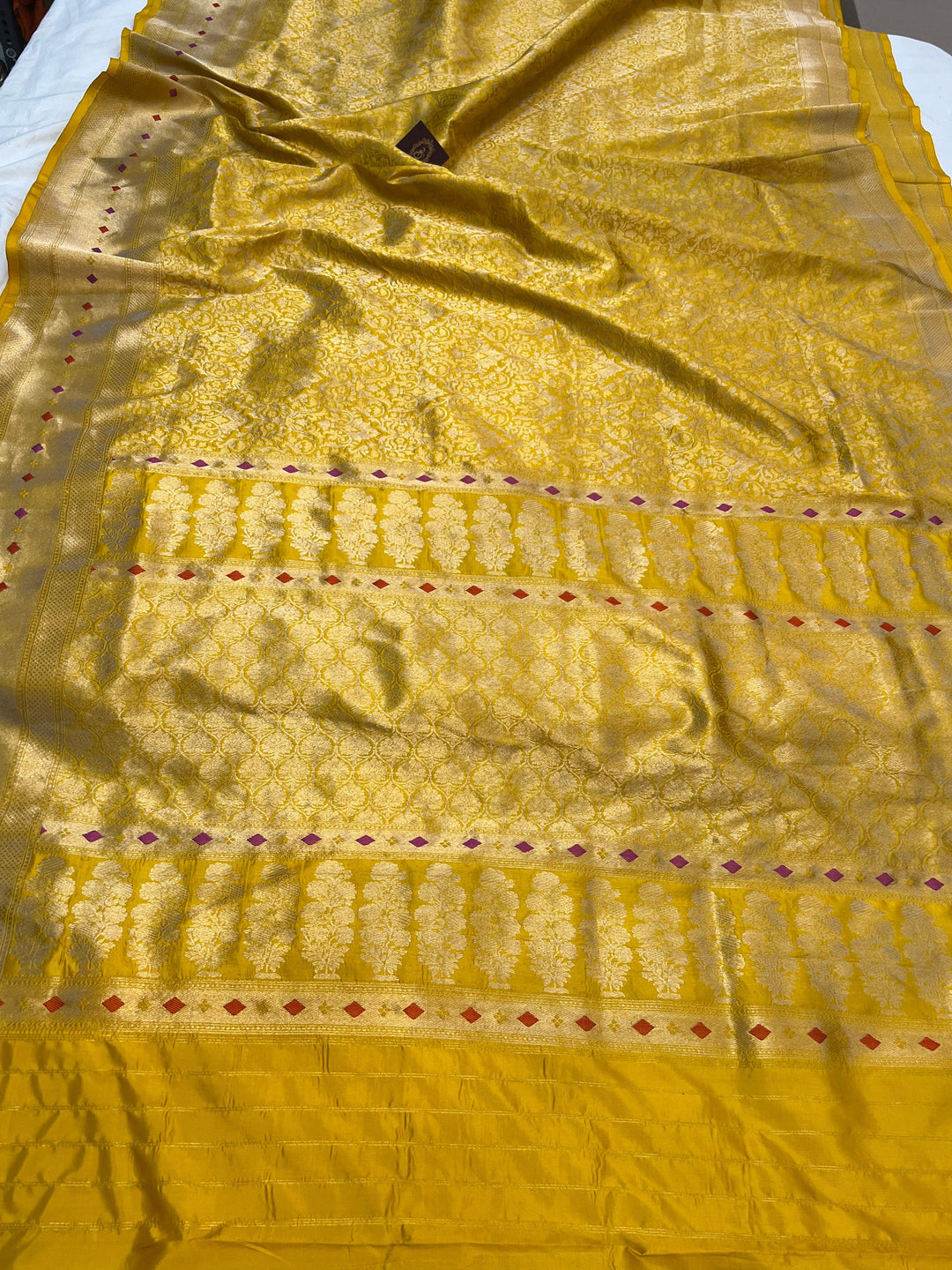 Pure Katan silk handloom Banarasi saree with golden geometric brocade and Meenakari designer border
