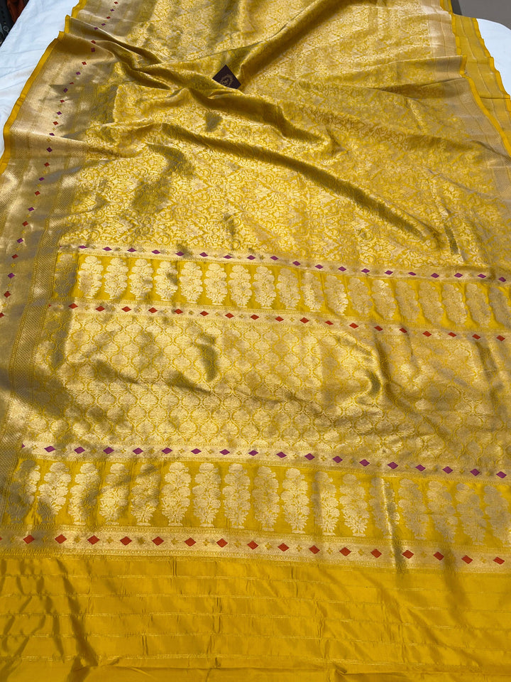 Pure Katan silk handloom Banarasi saree with golden geometric brocade and Meenakari designer border