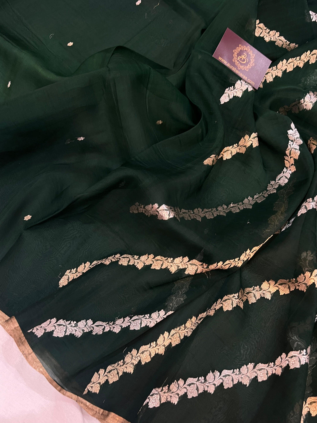 Bottle Green Banarasi Handloom Kora Silk Saree - Aura Benaras