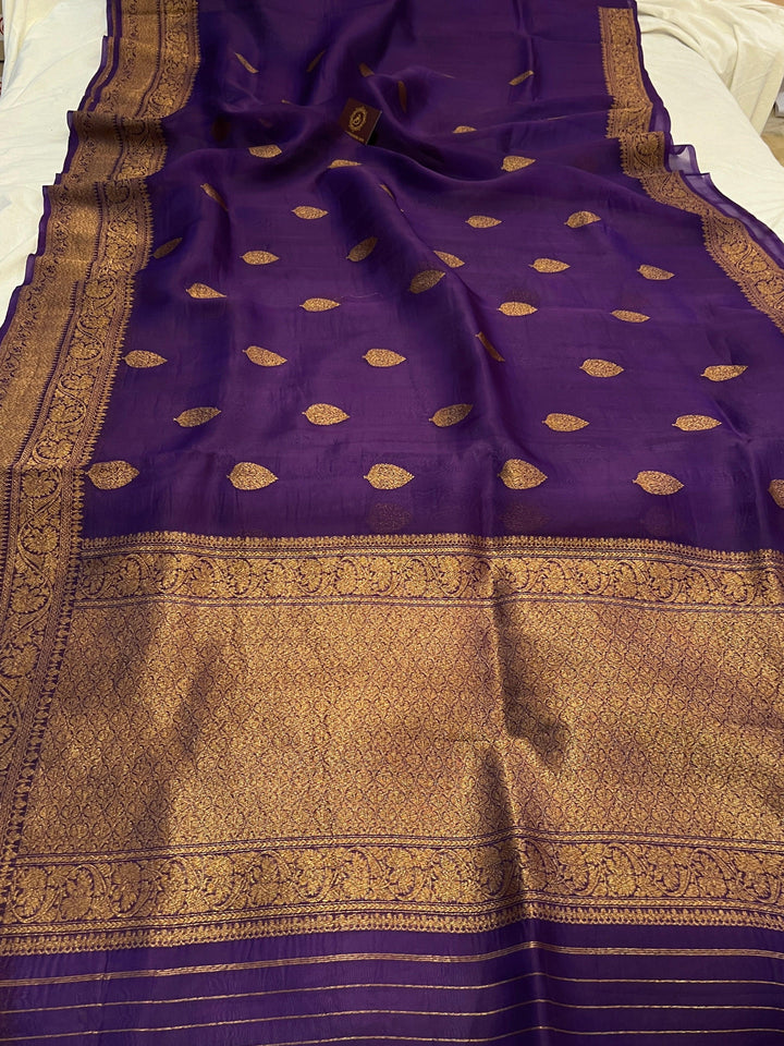 Purple Pure Kora Silk Handloom Banarasi Saree