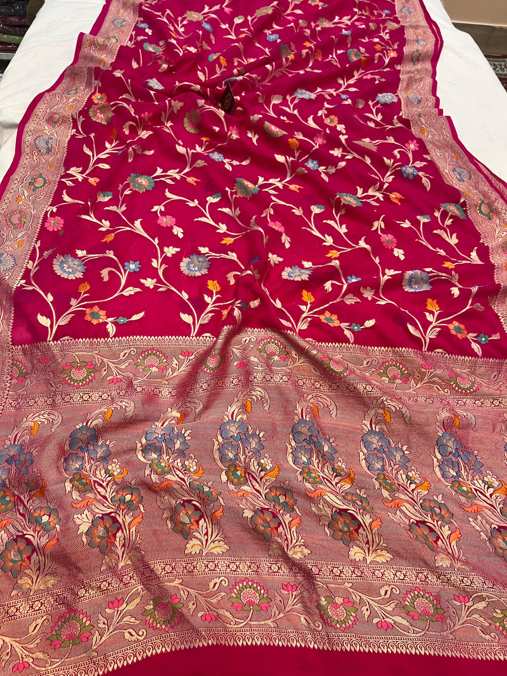 Rani Pink Banarasi Khaddi Georgette Saree - Aura Benaras