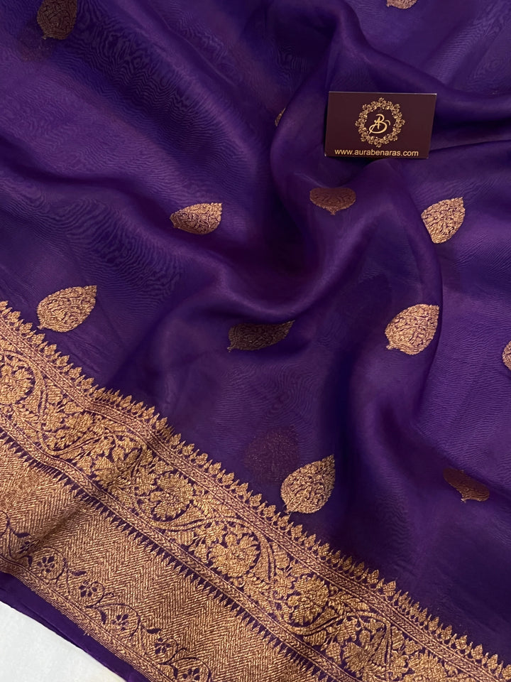 Purple Pure Kora Silk Handloom Banarasi Saree