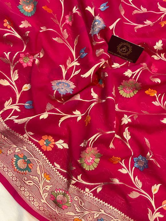 Rani Pink Banarasi Khaddi Georgette Saree - Aura Benaras