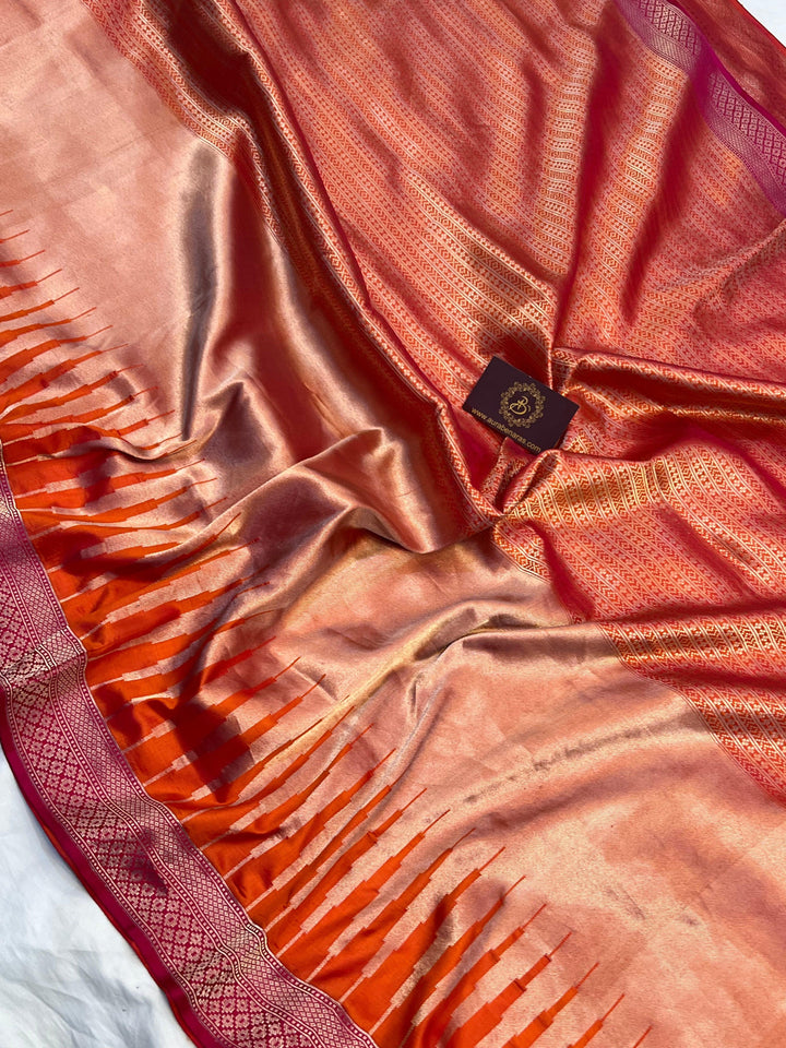 Pure Katan silk handloom Banarasi saree with temple border and contrast rani pink border