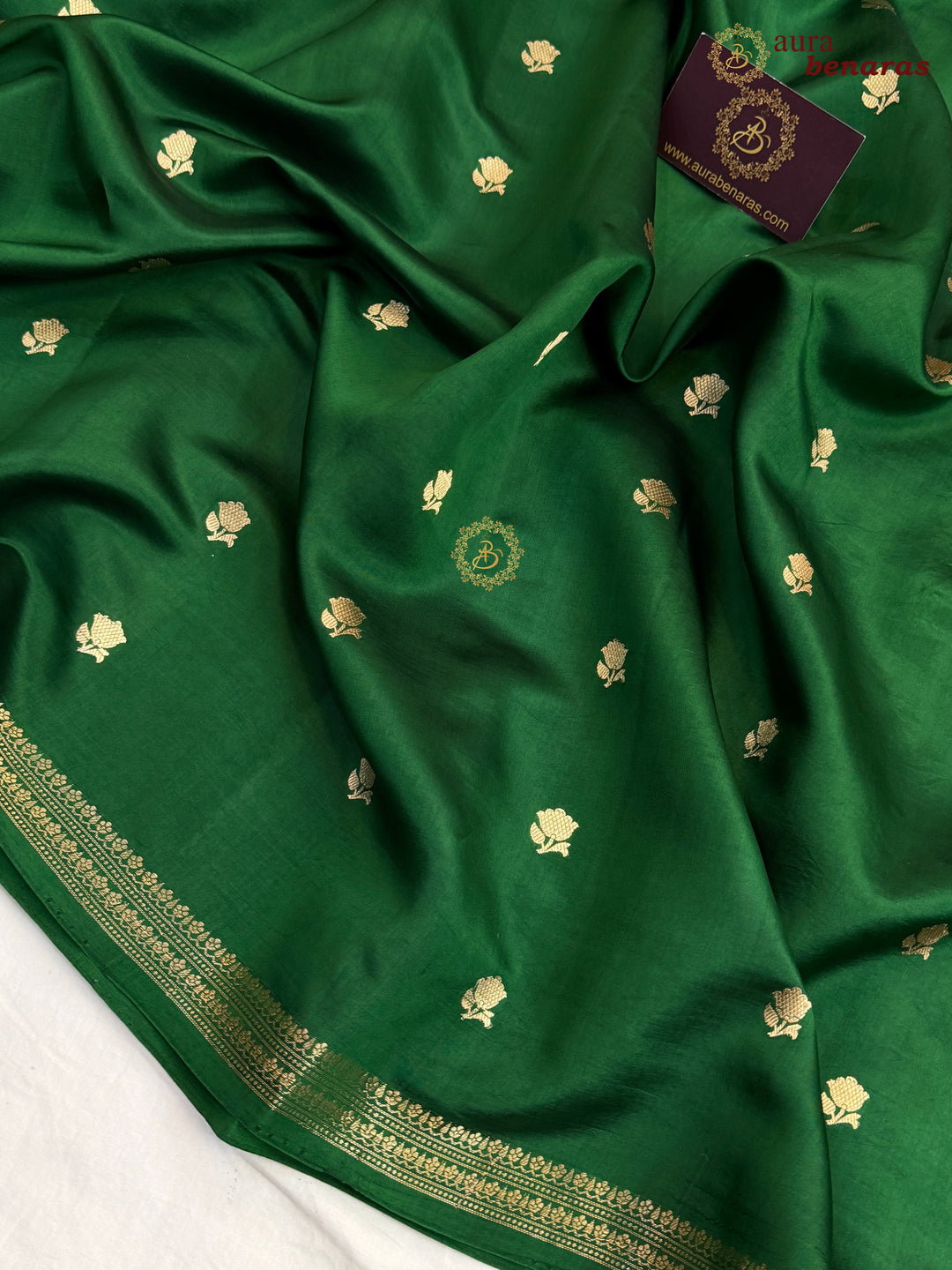 Bottle Green Banarasi Silk Saree with Kadhwa Floral Zari Buta