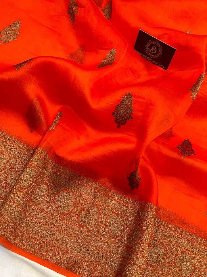 Orange Pure Kora Silk Handloom Banarasi Saree