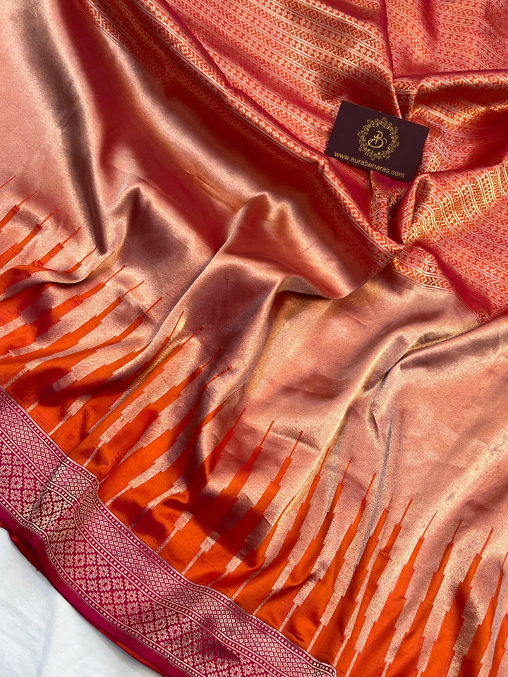 Detailed view of horizontal lines and temple border pattern on pure Katan silk Banarasi saree
