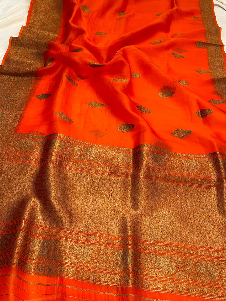 Orange Pure Kora Silk Handloom Banarasi Saree