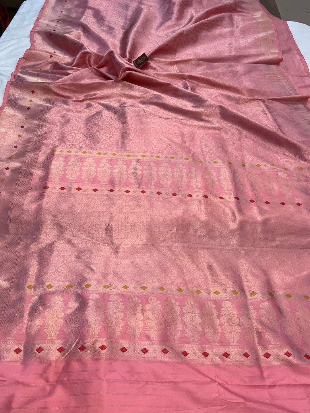 Pure Katan silk handloom Banarasi saree with golden geometric brocade and Meenakari designer border