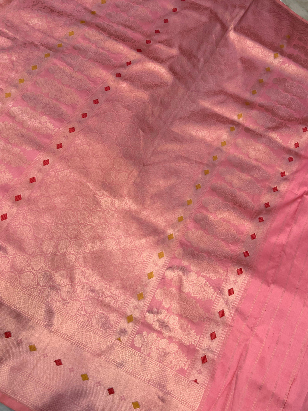Rich pallu of pure Katan silk handloom Banarasi saree highlighting the golden zari geometric design
