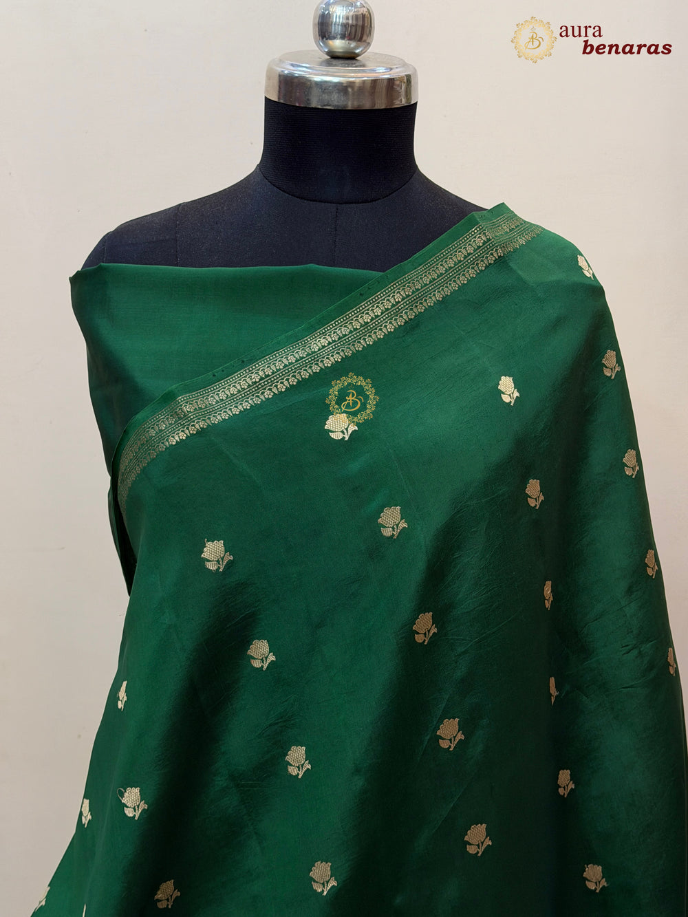 Bottle Green Banarasi Silk Saree with Kadhwa Floral Zari Buta