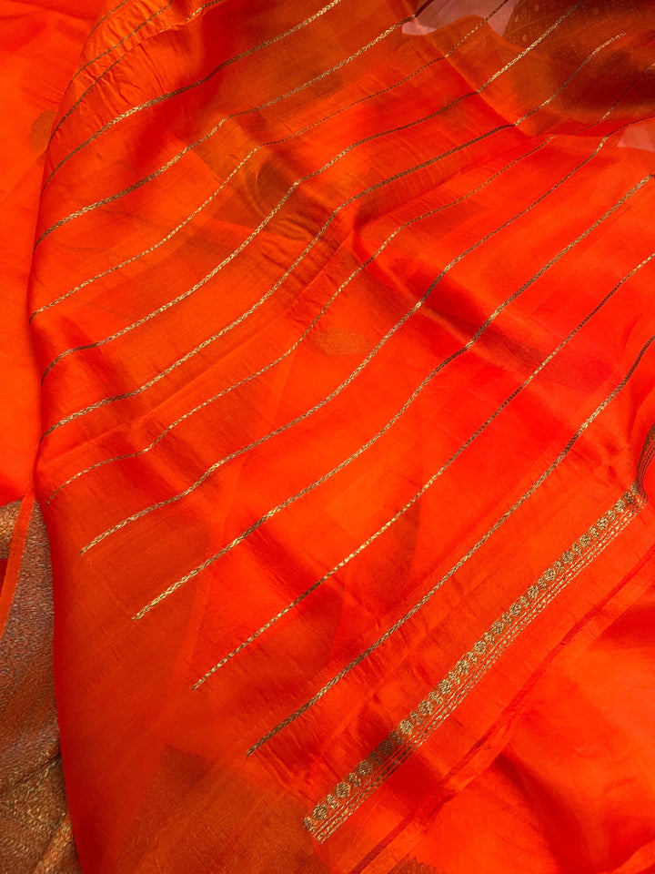 Orange Pure Kora Silk Handloom Banarasi Saree