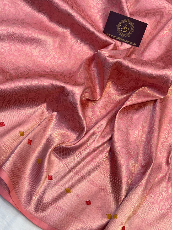 Golden zari geometric brocade work on pure Katan silk Banarasi saree with Meenakari border