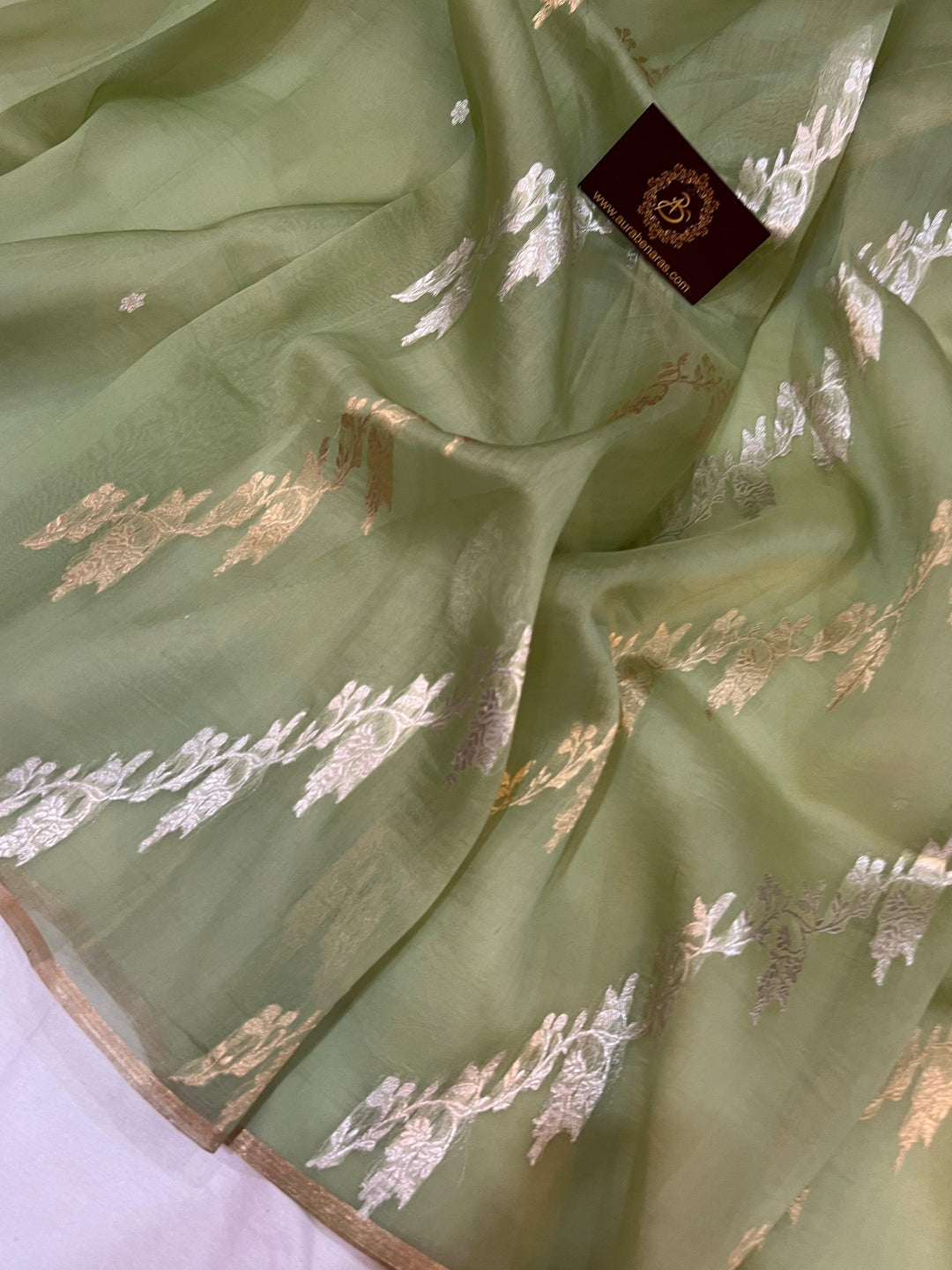 Pastel Olive Green Banarasi Handloom Kora Silk Saree - Aura Benaras