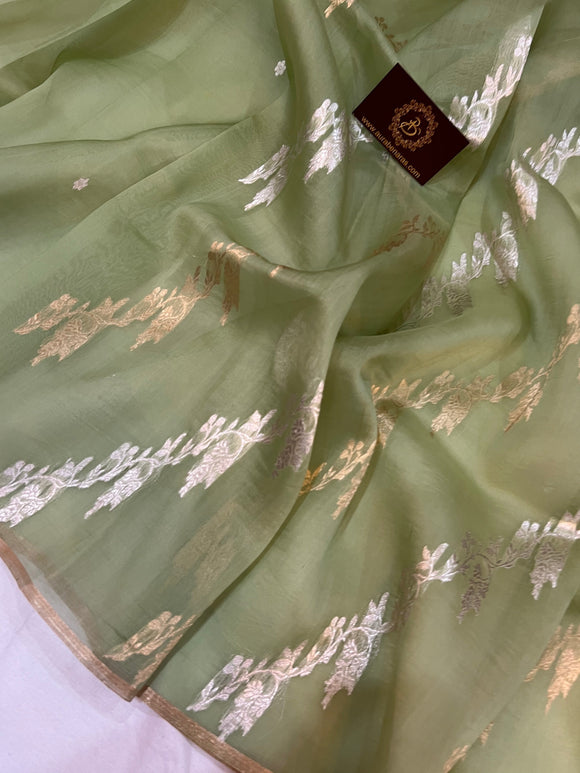 Pastel Olive Green Banarasi Handloom Kora Silk Saree - Aura Benaras