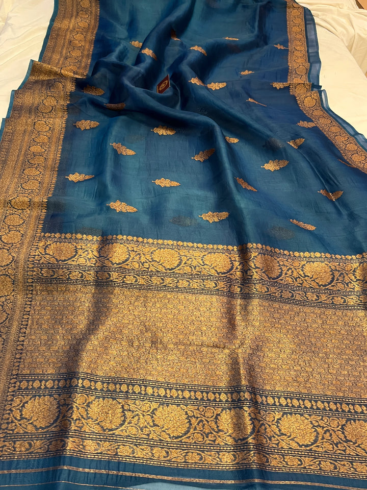 Teal Blue Pure Kora Silk Handloom Banarasi Saree