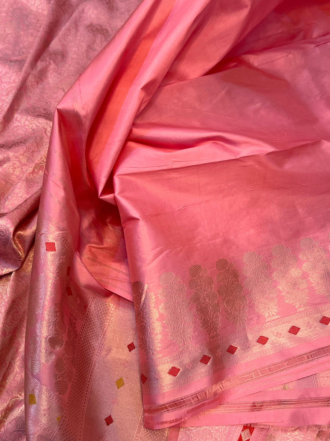 Plain blouse piece with matching border included with pure Katan silk Banarasi saree