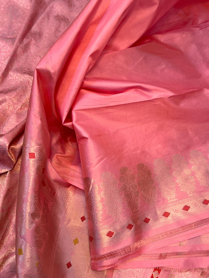 Plain blouse piece with matching border included with pure Katan silk Banarasi saree