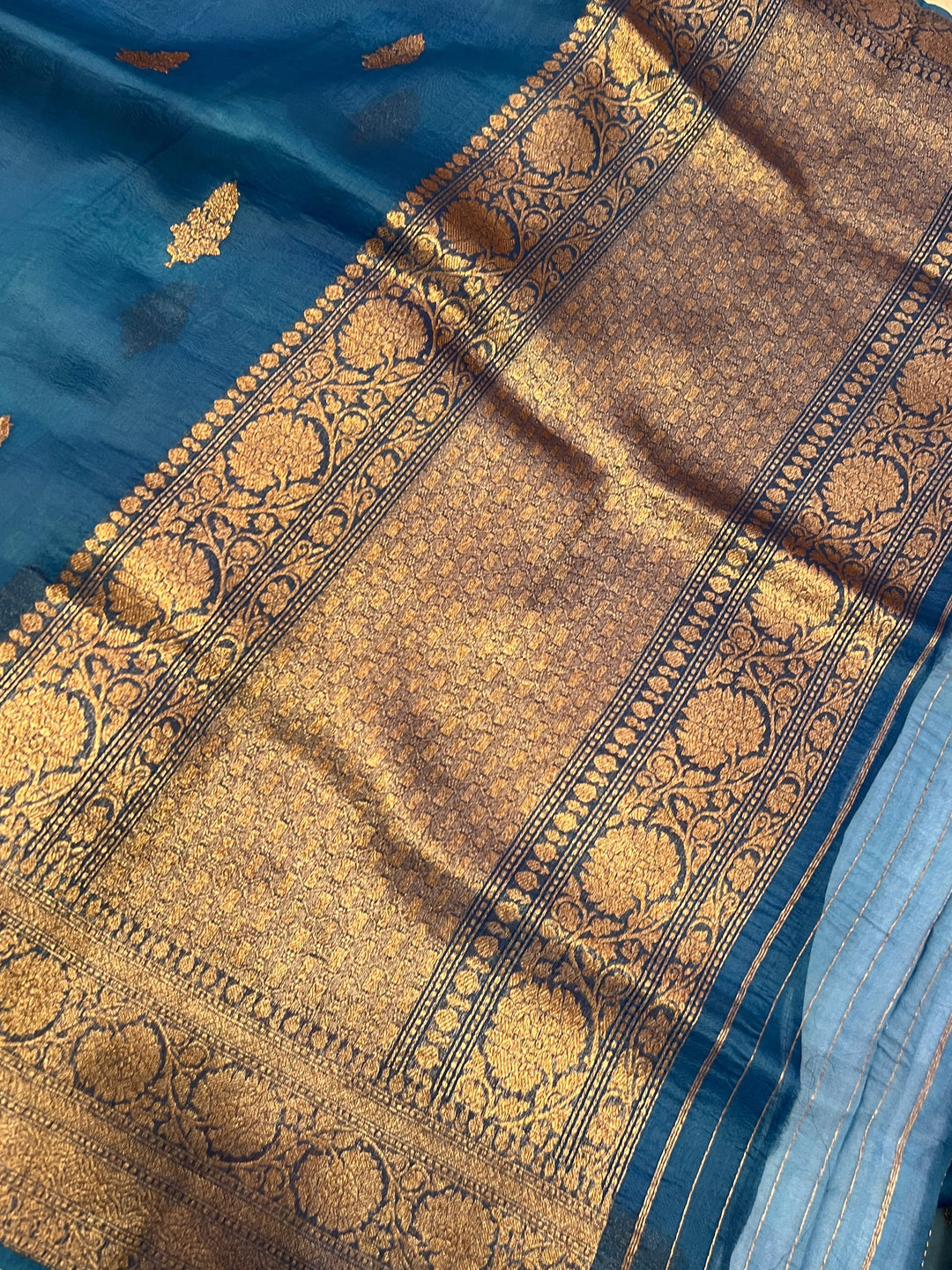 Teal Blue Pure Kora Silk Handloom Banarasi Saree