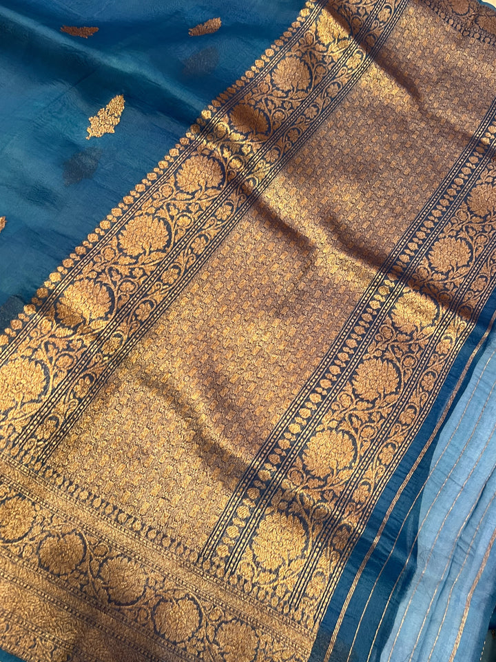 Teal Blue Pure Kora Silk Handloom Banarasi Saree